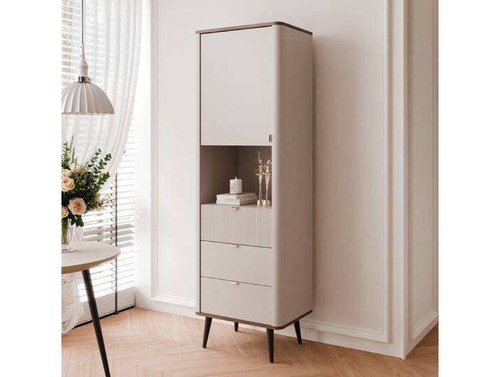 Bibliothèque NAVANI - Meuble rangement avec porte et 3 tiroirs - 90x40x191 cm - Cachemire/noyer