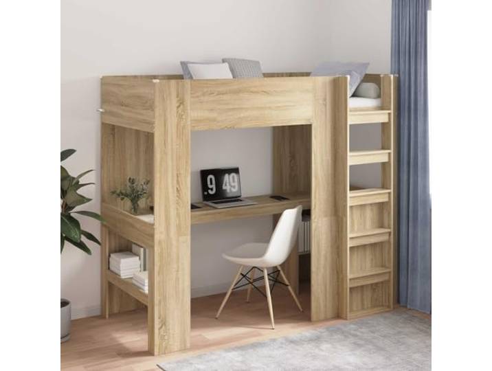 Loft Etagenbettrahmen mit Schreibtisch Holzwerkstoff platzsparend für Etagenbett mit Schreibtisch Sonoma-Eiche 100x200 cm Loftbett Gestell mit Leiter und Regal Platzsparend für Jugendzimmer und