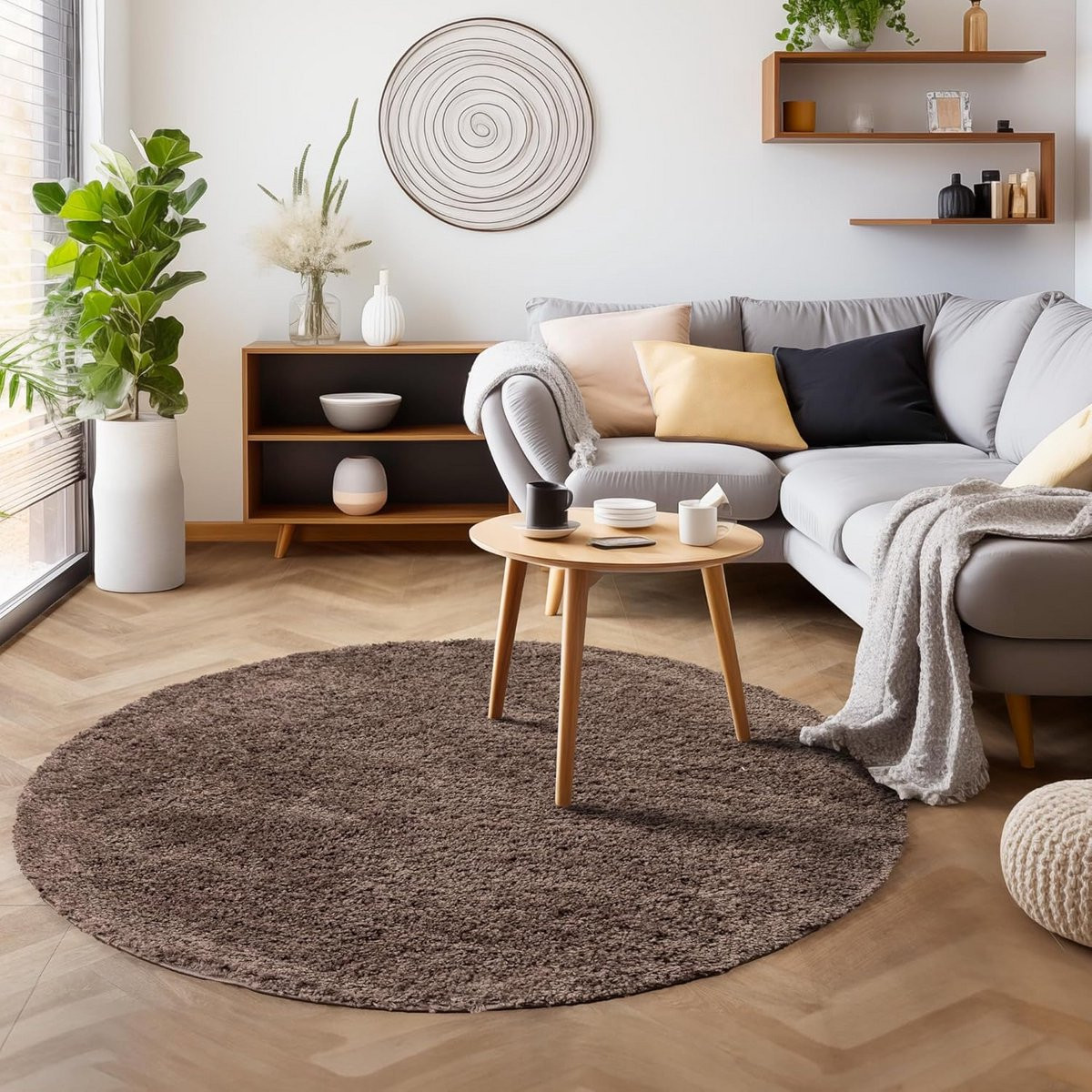 Rond Modern Hoogpolig Vloerkleed Grijs
