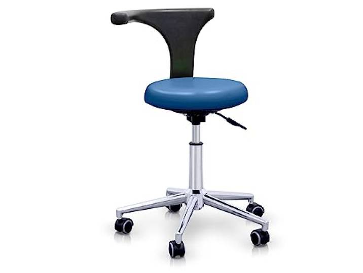 QUIRUMED Hocker mit professioneller ergonomischer Rückenlehne, Farbe Marineblau, Edelstahlstruktur, Kunstleder, Basis mit Rädern, höhenverstellbarer Sitz, bis 120 kg