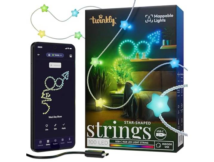 Twinkly Strings USB-C Star 100 LED\, Guirlande LEDs en Forme d'Étoile\, Fil Lumineux LED Multicolore RGB\, Lumières Saint-Valentin\, Compatible avec Alexa\, Google Home\, USB C\, Fil Transparent\, 6m