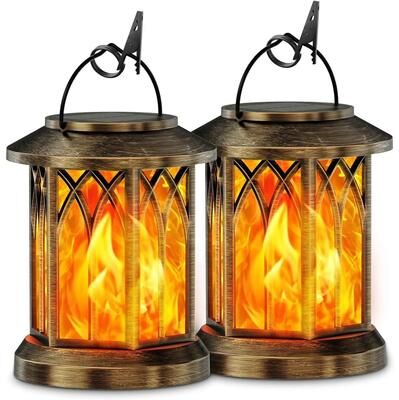 Uplifted Finds 2 Pack Upgraded Flickering Flame Solar Lanterns   Hanging Outdoor Garden Lights In Bronze & Black bronze 2 Pack