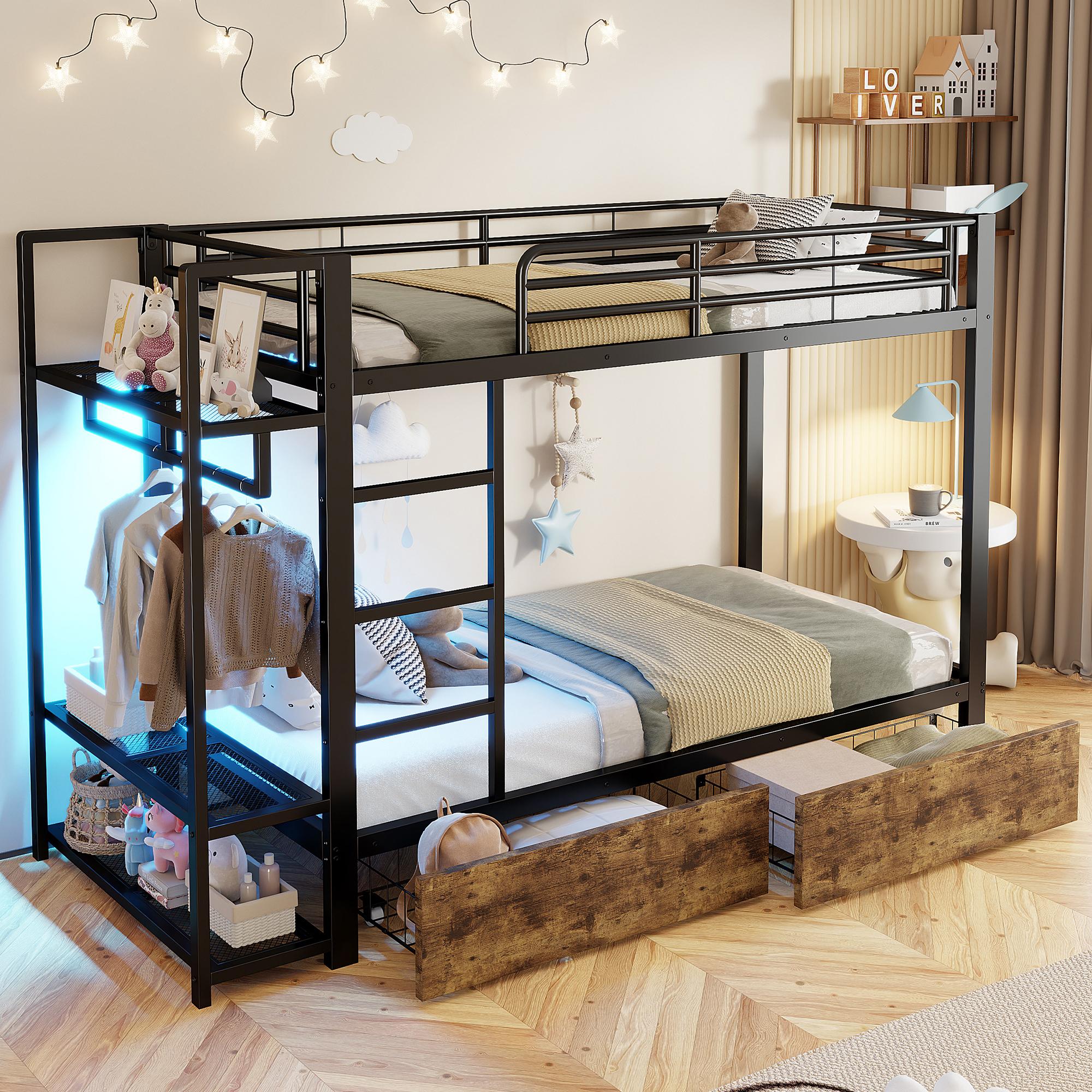 STILVORA Etagenbett 90x200 cm mit Eisenrahmen und LED-Lichtleiste, Hochbett mit 2 Schubladen und Kleiderstange, Metallbett mit Ablageflächen Schwarz