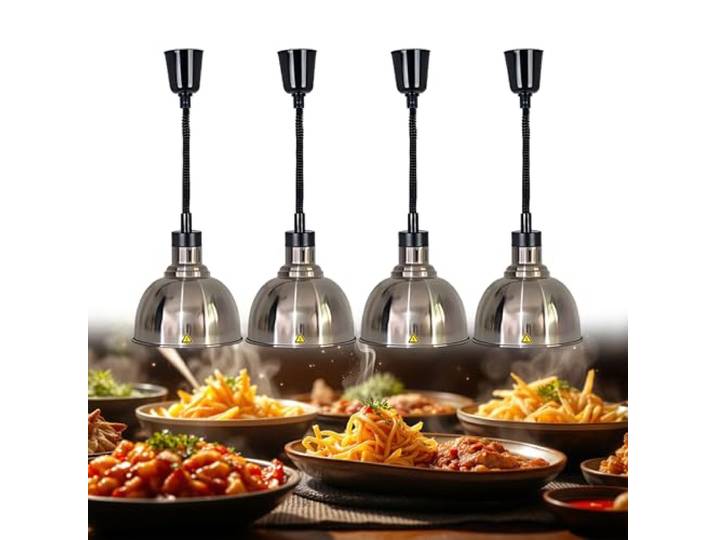 BOVDC Wärmelampe Küche Gastro, 250W Hängende(Edelstahl-25cm,4 Stück) Wärmelampe für Speisen, 19/25 cm Einstellbare Höhe Lebensmittel Wärmelampe Küche für Essen Buffets Esszimmer und Hotels