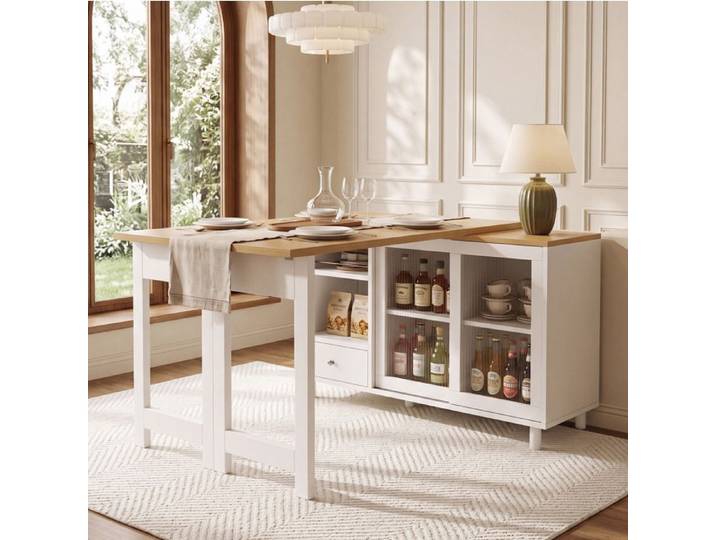 Table repas extensible et pliante avec rangement intégré portes coulissantes en verre nervuré MDF blanc JOINERY