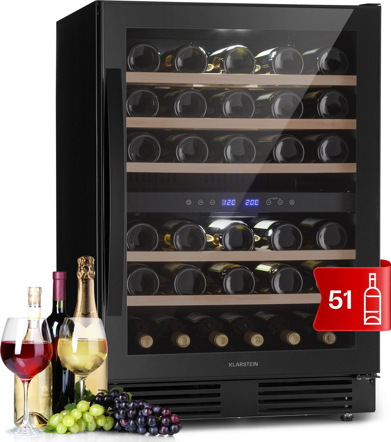 Klarstein Freistehender Weinkühlschrank 2 Zonen, Getränkekühlschrank Klein, Kleiner Weinschrank, Wein-Kühlschrank Klein mit Glastür, Outdoor Flaschenkühlschrank, Wine Fridge 5-20°C, 51 Flaschen