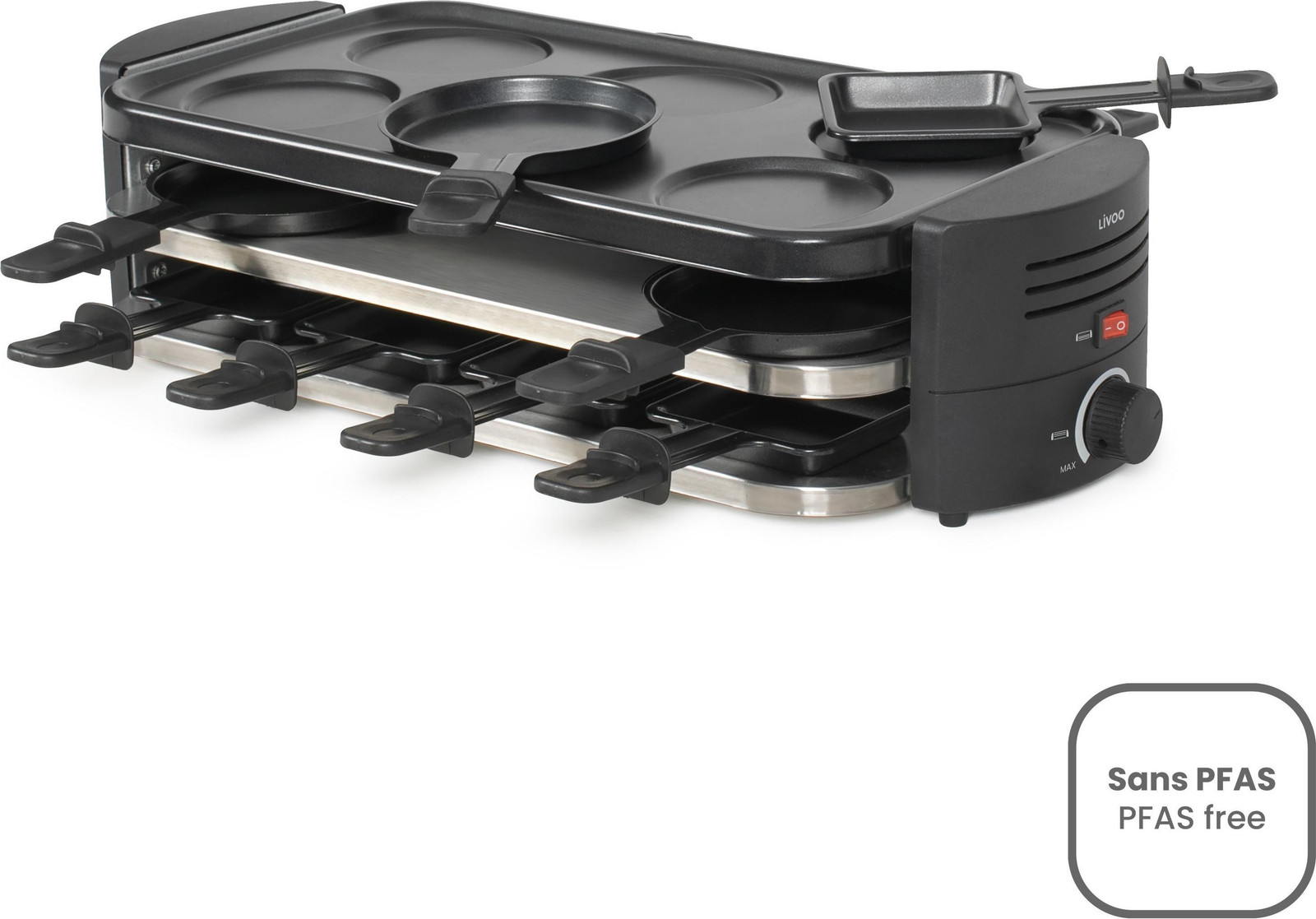 Livoo DOC337 Raclette-, pizza- en crêpeapparaat voor 8 personen, 1600W, met anti-aanbaklaag