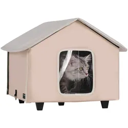 VEVOR Katzenhütte 52x48x47 cm, Katzenhaus 55 W, Katzenhöhle, Katzenunterschlupf aus 600D Oxford-Gewebe mit Beheiztem Kissen, Temperaturerhöhung bis 20 °C, für den Winter,Braun (Mitte)