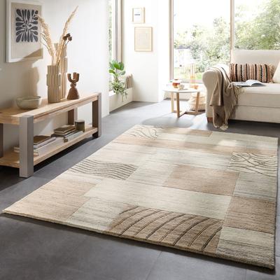 Wollteppich THEKO "Royal Natur 4028", grau, B:250cm H:14mm L:350cm, Wolle, Teppiche, reine Wolle, handgetuftet, Naturtöne, Patchworkdesign, meliert