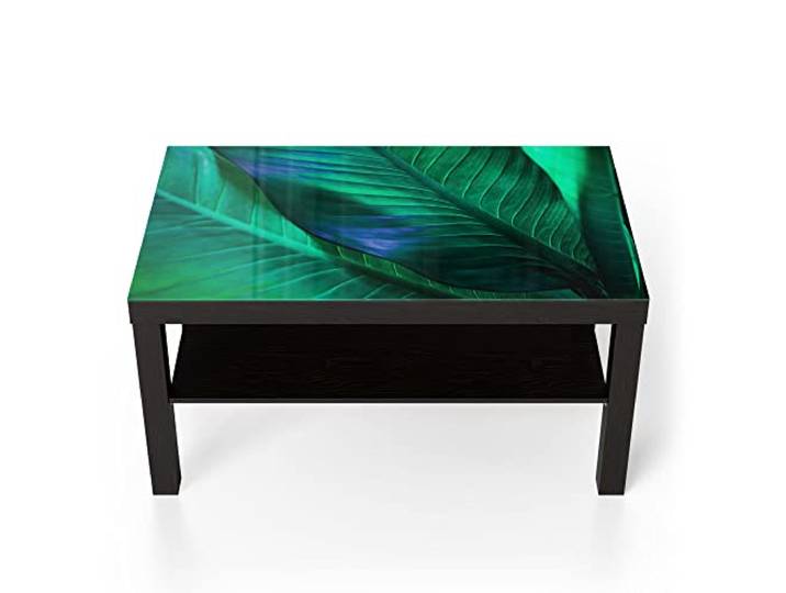 DEQORI Glastisch schwarz groß 90x50 cm Motiv Tropenblattstruktur ausgefallener Beistelltisch aus Glas Hochglanz Couchtisch fürs Wohnzimmer moderner Couch Tisch mit Design