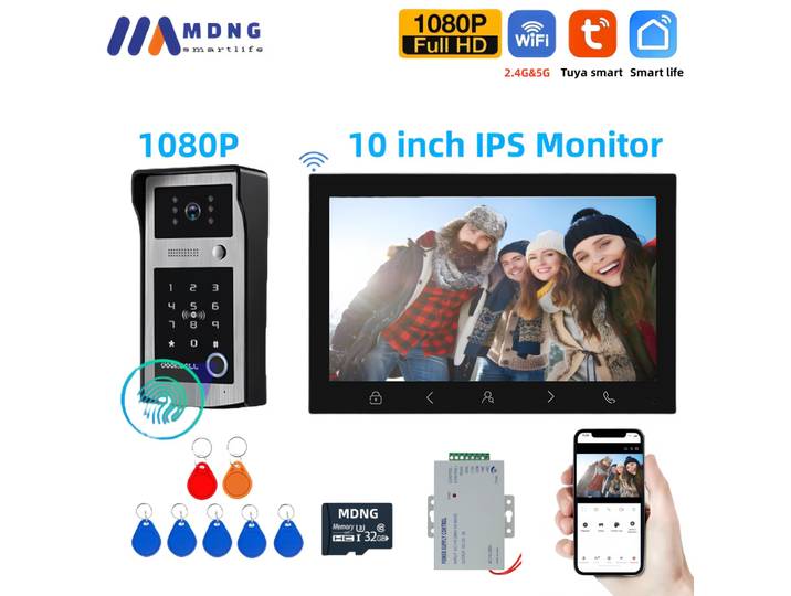 Visiophone intelligent Tuya Wifi 10 pouces, système de sonnette sans fil 1080P, caméra, empreinte digitale, mot de passe, déverrouillage NFC pour la maison