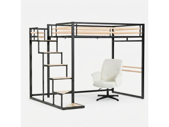 Lit superposé double noir haut avec fauteuil de bureau pivotant bouclé
