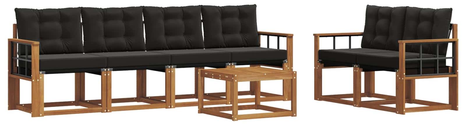 Modulare Outdoor-Sofagarnitur, Gartenmöbel-Set für 6 Personen, massives Akazienholz, wetterbeständig, natürlich und schwarz