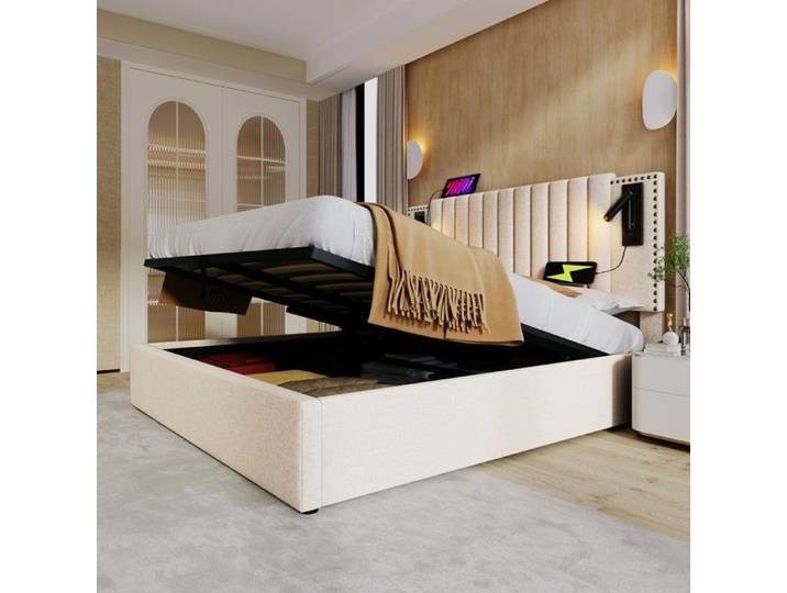 Lit capitonné - PAGE LIVING - PAGE Living - 140x200 cm - Coffre de rangement - Tête réglable avec LED & USB