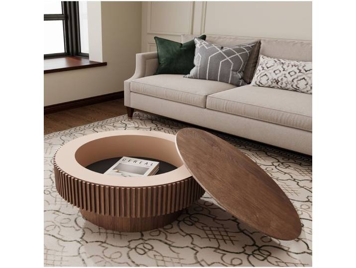 Table basse ronde 75 cm noyer VUENOR – rangement caché style moderne