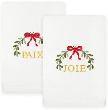 Authentic Hotel and Spa Christmas MISTLETOE PAIX and JOIE Embroidered Luxury 100% Turkish Cotton Hand Towels Set of 2