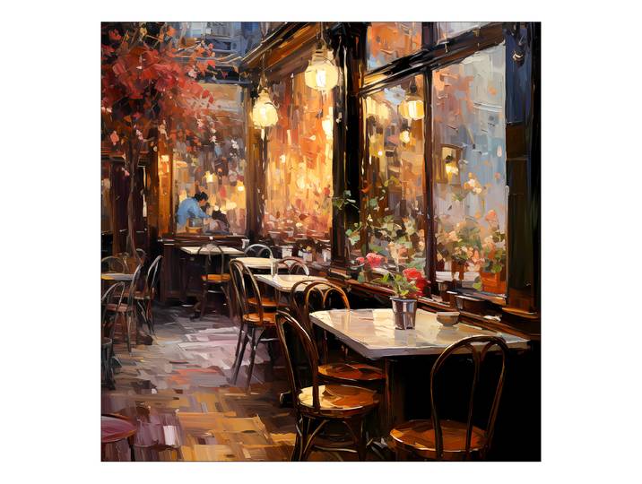 Tableau verre Little Street Cafe type B Verre flotté Jaune/Marron/Rouge 80 x 80 x 1cm