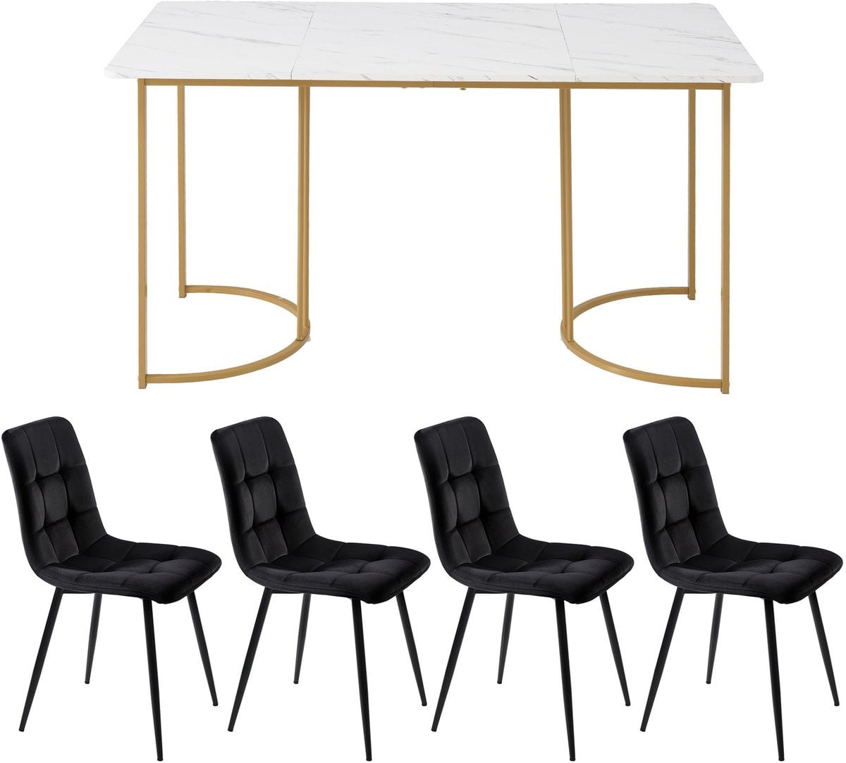 5-delige moderne eetkamer set met witte eettafel en zwarte stoelen met gouden tafelpoten