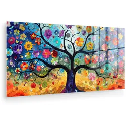 ACRYLGLASBILD Kunst - Baum des Lebens - Blumen - Hippie 120x60 cm