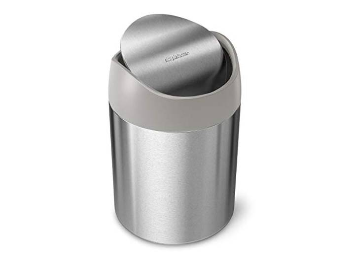 simplehuman 1,5 Liter, Tischabfalleimer mit Schwingdeckel, Mini-Abfalleimer Tischeimer Desktop, Kosmetikeimer, Kleiner Mülleimer, gebürsteter Edelstahl mit grauer Oberseite, CW2084