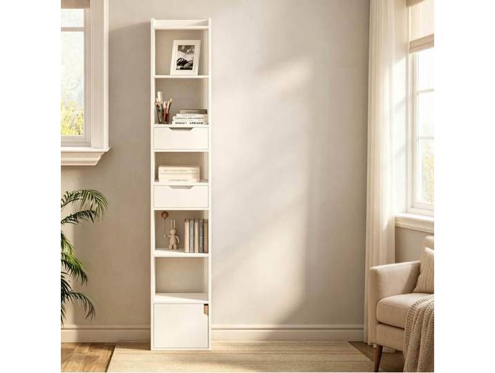 Bibliothèque haute étroite blanche 33 x 24 x 181 cm avec 6 étagères 2 tiroirs 1 porte gain de place ORVRYN