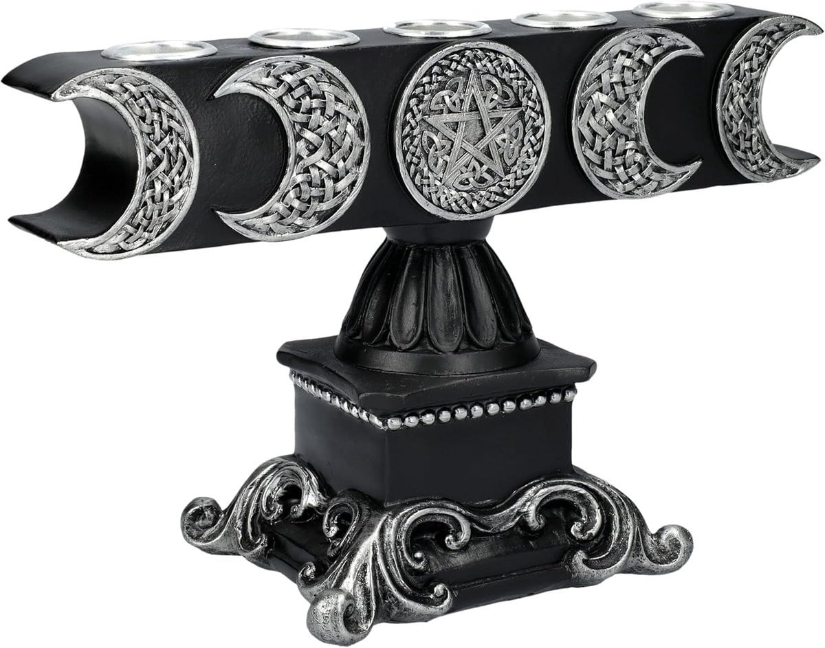 Handbeschilderde Wicca Kandelaar met Maan Decoratie in Zwart Zilver, 25 cm breed