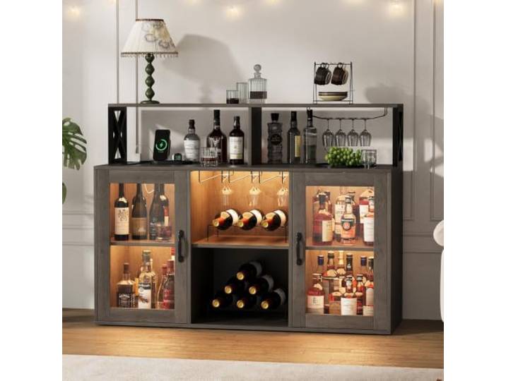 Weinbarschrank Mit LED-Beleuchtung, Steckdosen & Weinregalen,120x40x91cm Holz-Buffet Barschrank Weinbarschrank mit Weinregalen und Glashalterung für Küche, Esszimmer, Wohnzimmer