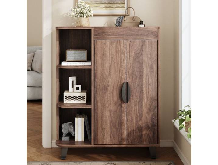 Buffet de salon Buffet bas 80x32x99 cm Meuble à chaussures 2 porte Etagère à chaussures Etagères ouvertes Meuble d'entrée