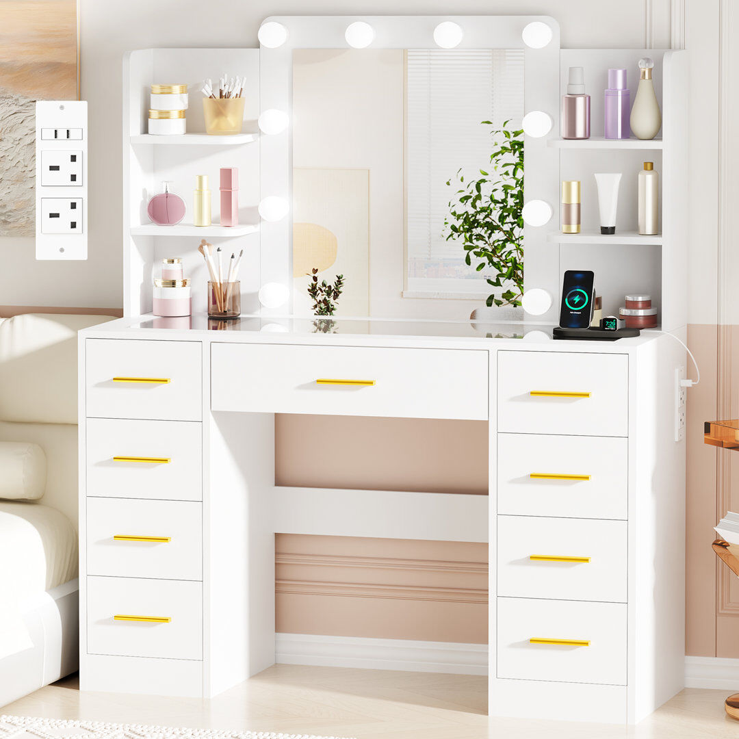 Canora Grey Elowen 105cm Dressing Table with Socket and Glass Tabletop, Led Mirror White 140cm H X 105cm W X 40cm D