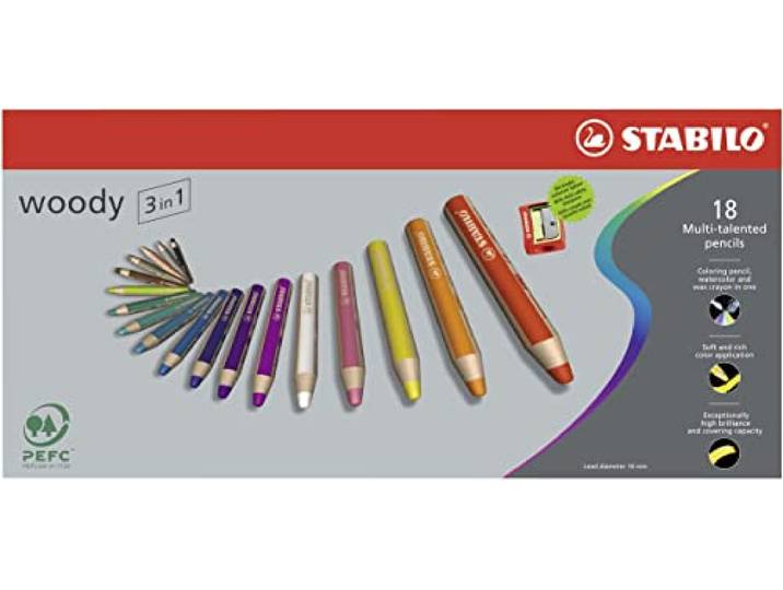 STABILO STABILO Woody 3 in 1 – Kleurpotlood, Waterverf & Waskrijt- Met Puntenslijper - Met 18 Verschillende Kleuren
