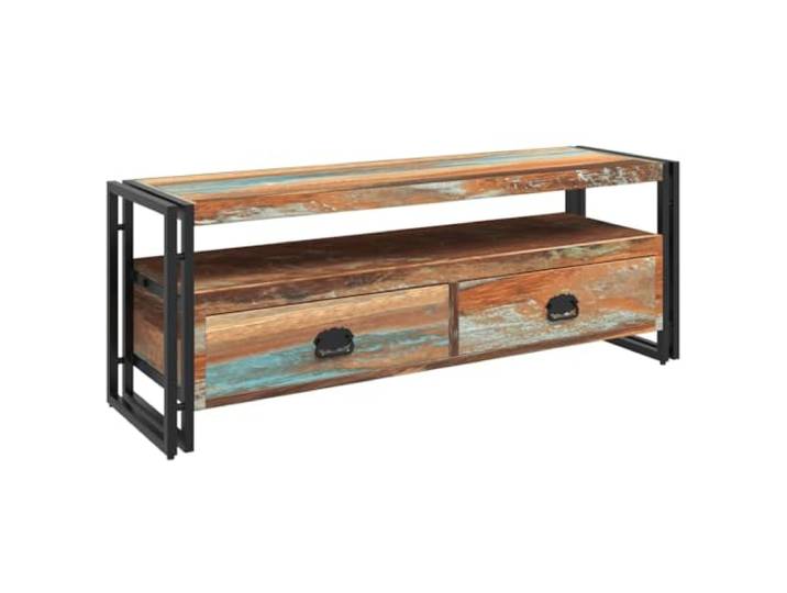 HEFZGDB TV-Schrank Altholz Massiv Vintage Stil mit 2 Schubladen und Ablage für Multimedia-Geräte, Handgefertigter Retro Beistellschrank aus Recyceltem Holz, Stabiler Medienschrank