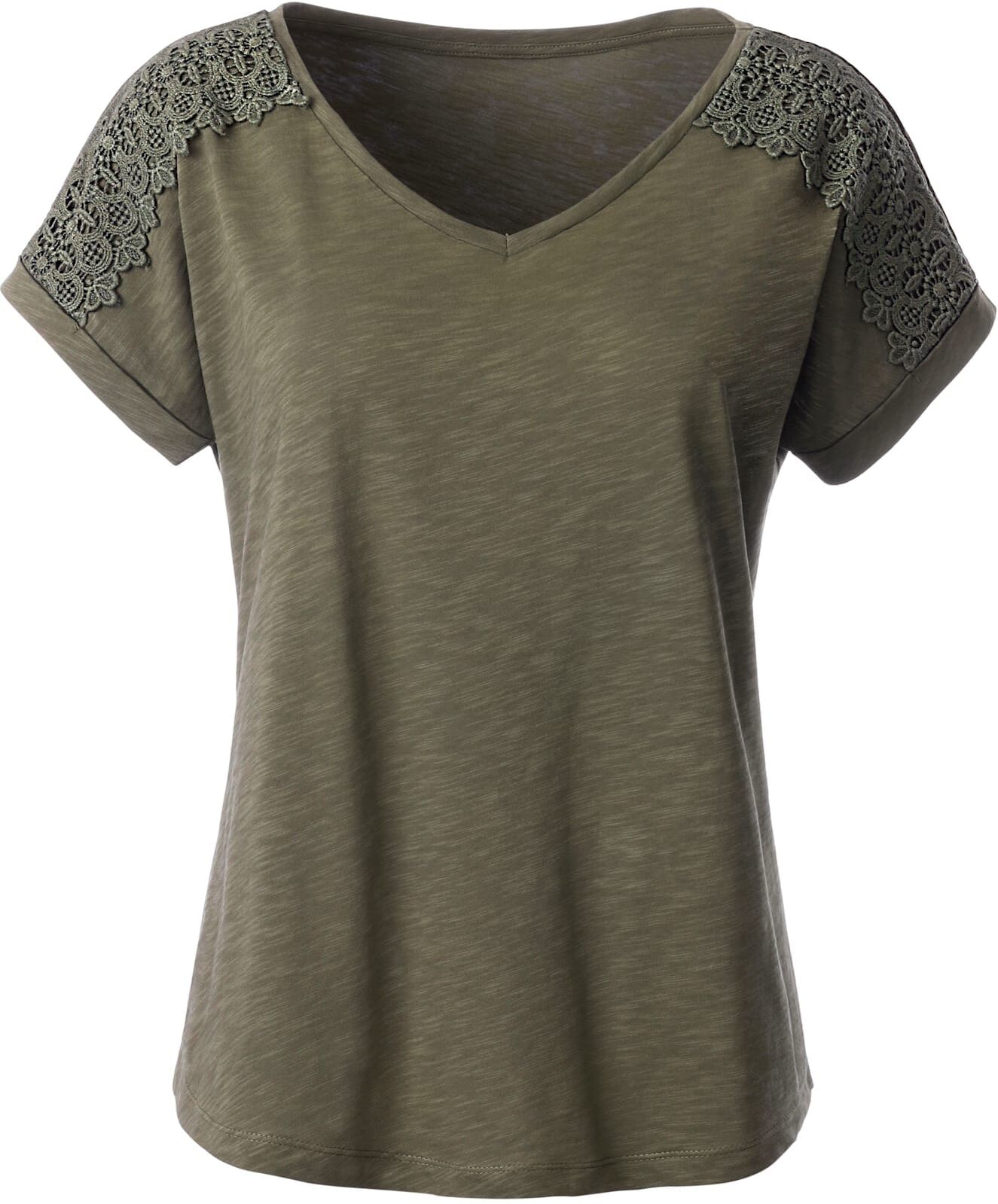 V-Shirt INSPIRATIONEN "Shirt", Damen, Gr. 38, grün (oliv), 100% Baumwolle, Spitze:100% Polyester, unifarben, V-Ausschnitt, Shirts V-Shirt