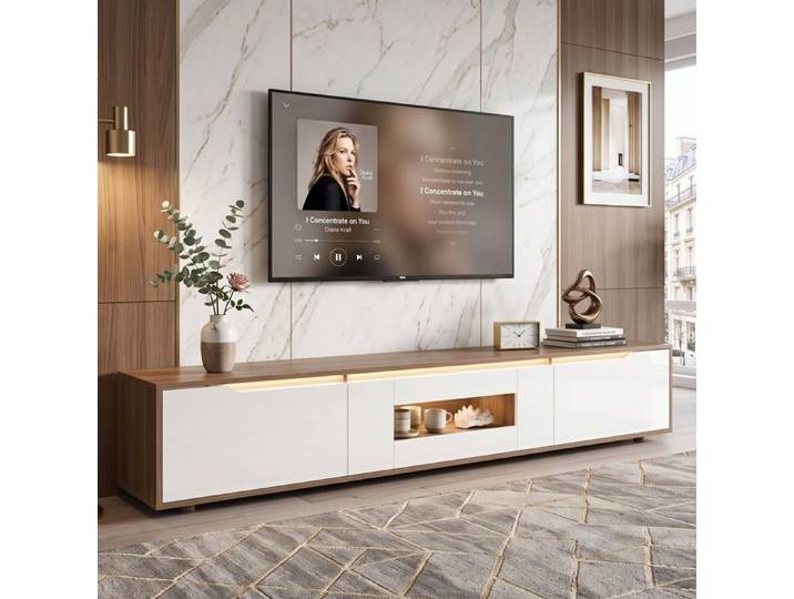 Meuble TV Suspendu 180cm Blanc Laqué & Chêne Grand Rangement