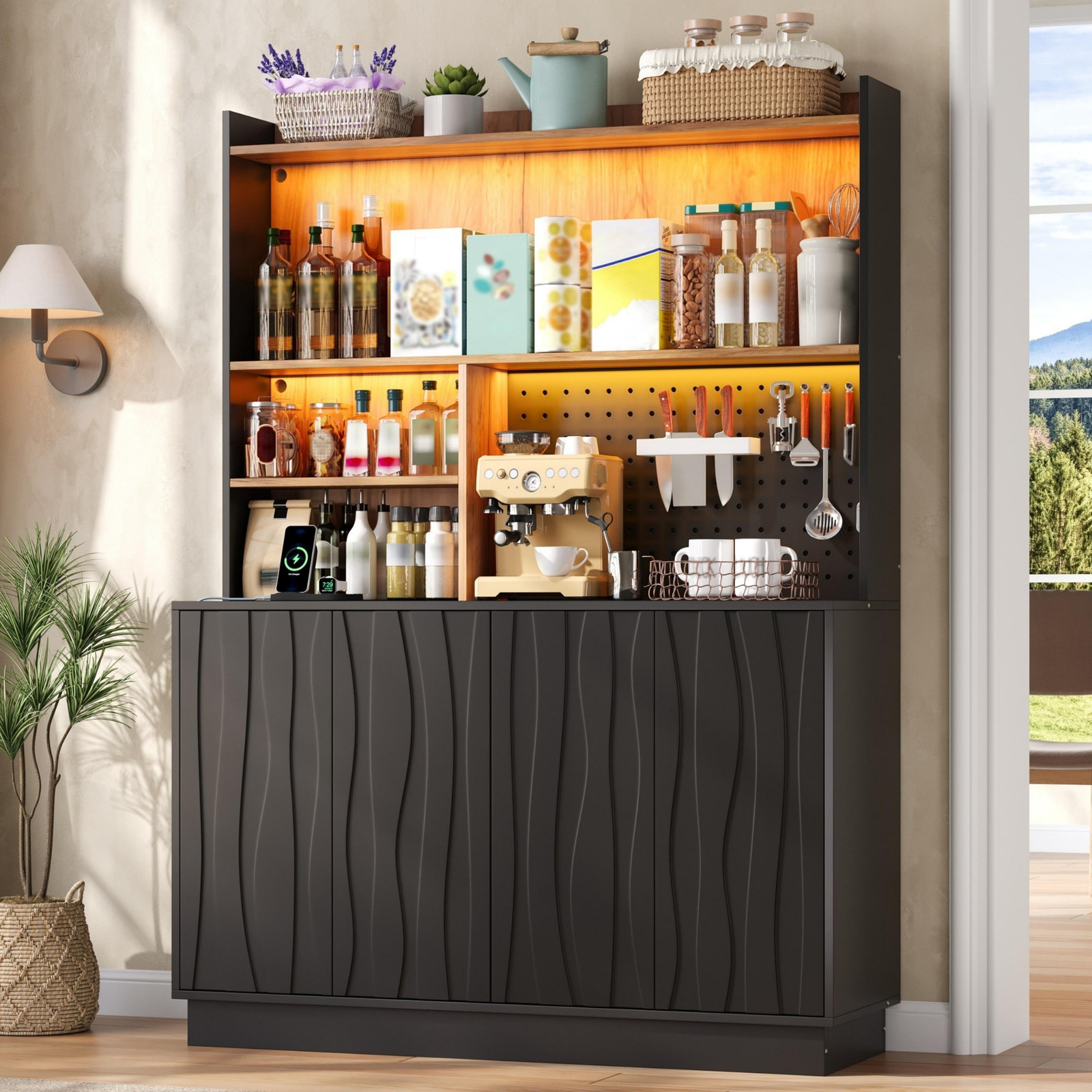 Okwish keukenkast met gatenwand, LED-verlichting en stopcontacten, zwart