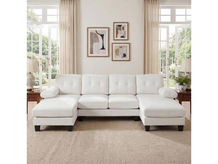 Canapé U 4 places - KOMHTOM - Modèle U - Convertible lit - Chaiselongue réversible - Chenille beige