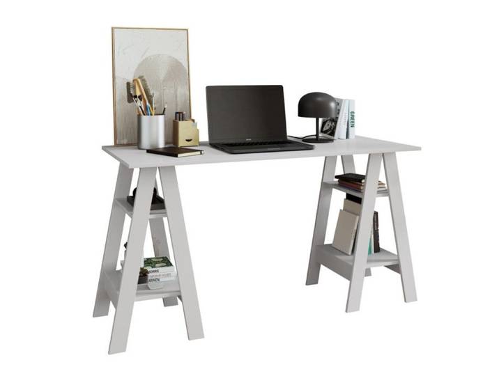 Bureau 2 tréteaux 4 étagères blanc L 135 x P 60 x H 75 cm – panneaux mélaminés FSC