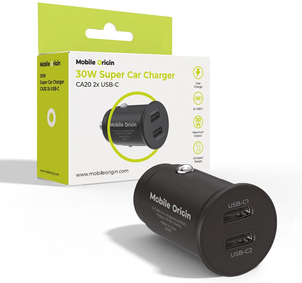 Mobile Origin - Biloplader m. 2 x USB-C - 30W - Sort