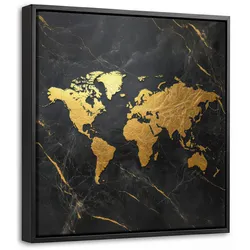 LEINWAND Bilder mit Rahmen - Weltkarte - Gold - Marmor - 20x20