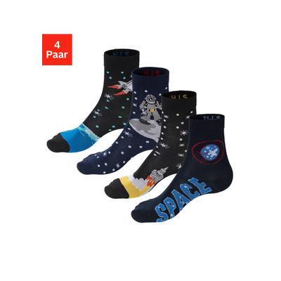 Socken H.I.S "Kinder und Jugendliche Astronautensocken", Mädchen, Gr. 39-42, blau (2x blau, gemustert, 2x schwarz, gemustert), Baumwollmischung, gemustert, elastisch, Socken Socken, mit eingestrickten Weltraummotiven