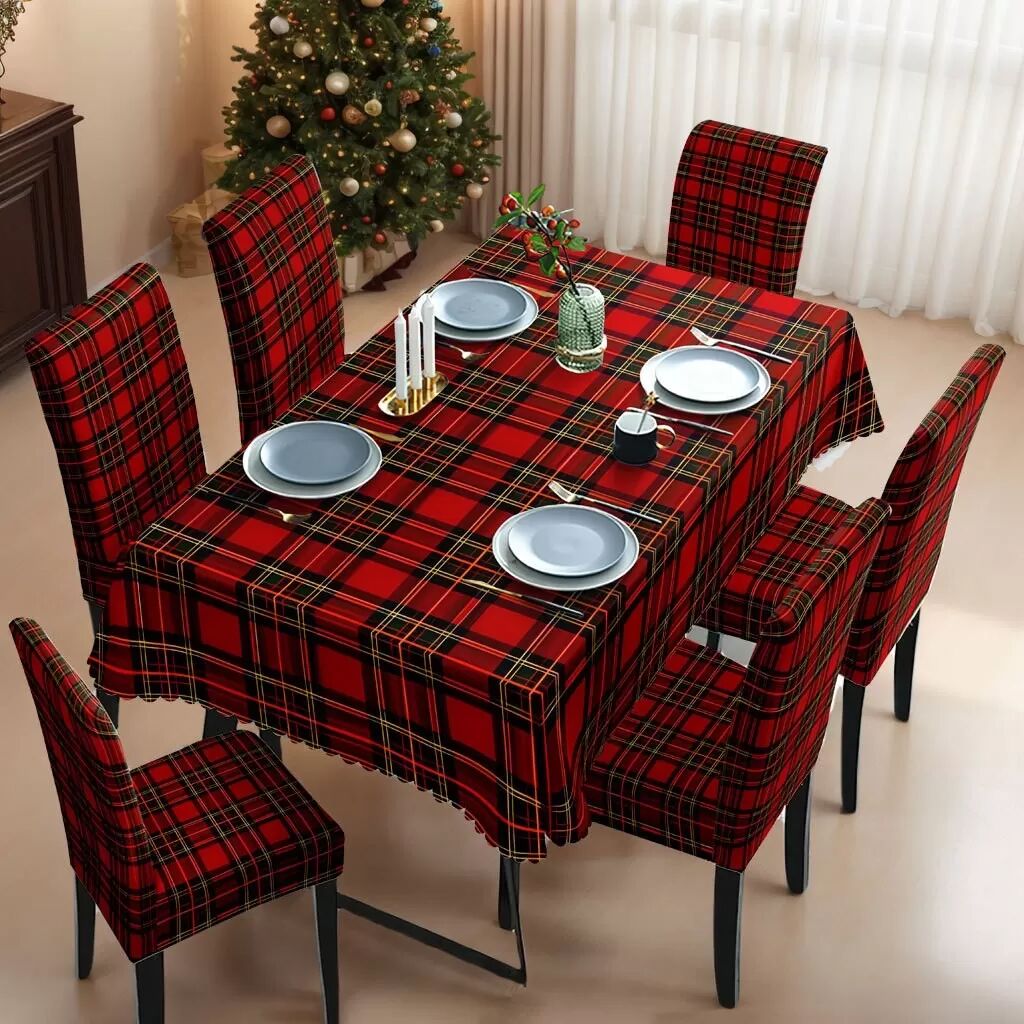 INF 7-teiliges kariertes Weihnachts-Tischdecken- und Stuhlhusen-Set – Festliche Dekoration für das Esszimmer