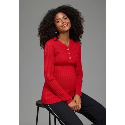 Umstandspullover NEUN MONATE "Feinstrick-Umstandspullover mit Knöpfen - Stillpullover", Damen, Gr. 40/42, rot, Feinstrick, Obermaterial: 50% Baumwolle, 50% Polyacryl, unifarben, tiefer V-Ausschnitt, Pullover, Langarm, aus Feinstrick, mit tiefem...
