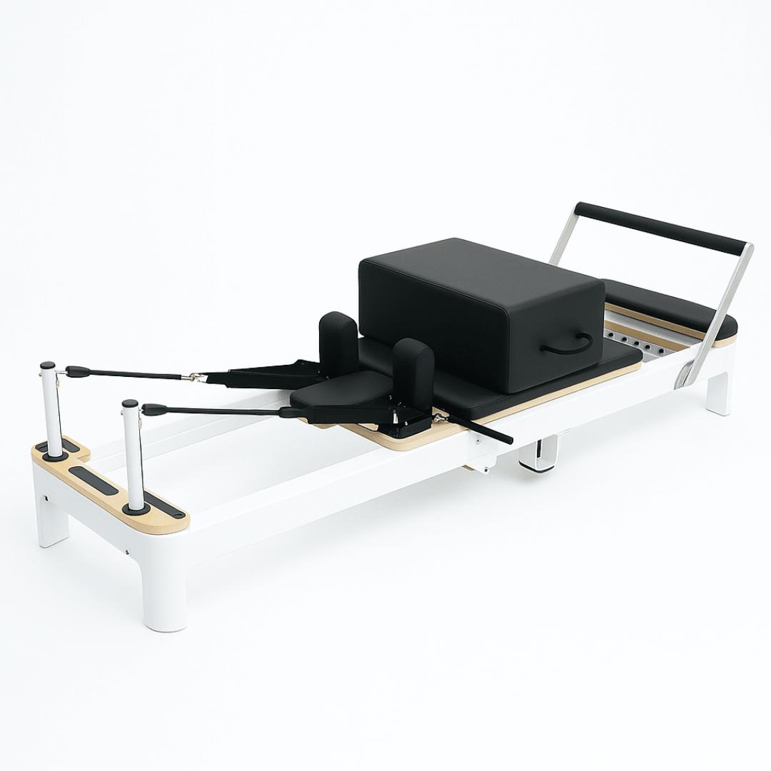 PH Fitness White Pilates Reformer aus Aluminium, klappbar - Birkenholz-Akzente und pulverbeschichtetes Metallgestell, Studioqualität für Home Gym und Reha
