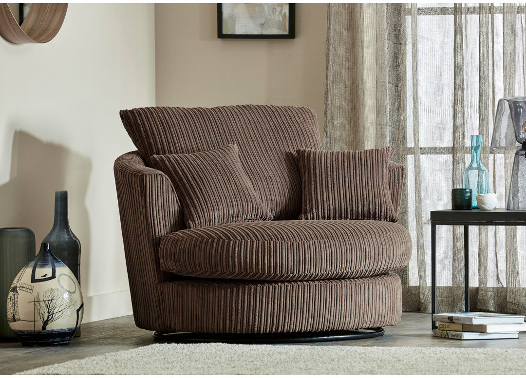 Zipcode Design Moana Upholstered Corduroy Swivel Barrel Chair Chocolate 70cm H X 115cm W X 105cm D