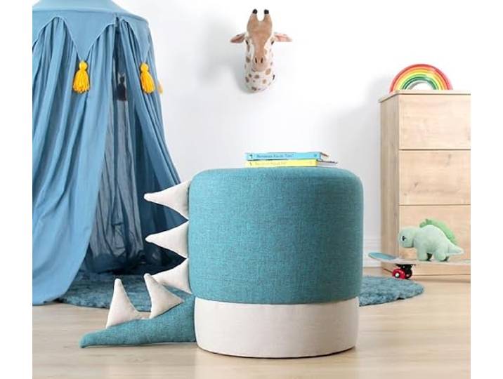 Emob Moderner Blauer Pouf, 37 cm Durchmesser x 38 cm Höhe 50% Baumwolle/50% Samt, PVC-beschichtete Beine, 6 cm orthopädischer Schaumstoff Ideal für Kinder und Unterhaltung