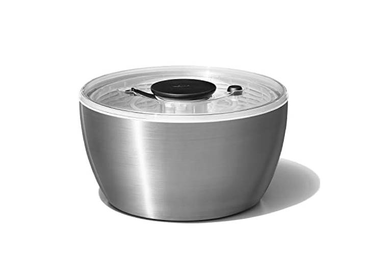 Oxo Good Grips 1071497 Essoreuse à Salade Inox Pompe utilisable d’une main\, frein intégré\, panier utilisable comme passoire