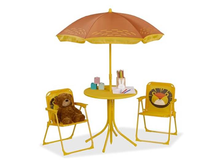 Relaxdays Camping Kindersitzgruppe, Kindersitzgarnitur mit Schirm, Kinderklappstühle & Tisch, Strand & Garten, Farbwahl