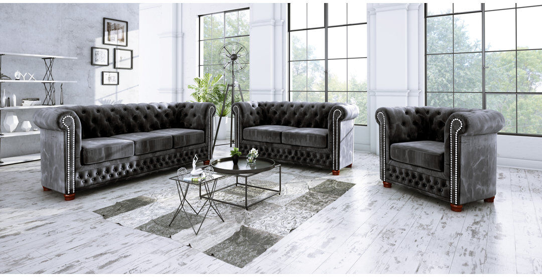 S-Style Furniture Chesterfield Sofa Set 3+2+1 Made of Velvet Fabric with Solid Wood Legs Black 3