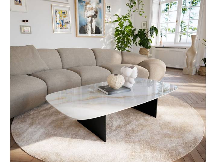 Couchtisch Edge Boot 135x80 cm Keramik Onyx Pearl Salto Metall Schwarz, Couchtische