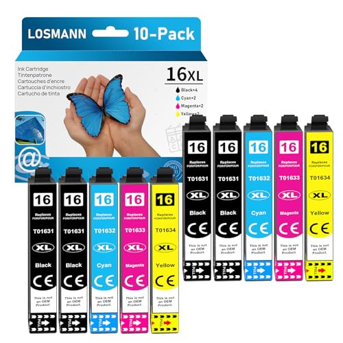 LOSMANN 16XL inktcartridges compatibel met Epson 16 XL voor Workforce WF-2760, WF-2630, WF-2510, WF-2660, WF-2750, WF-2650, WF-2540, WF-2530, WF-2520, WF-2010 (zwart, cyaan, magenta, geel, 10 stuks)