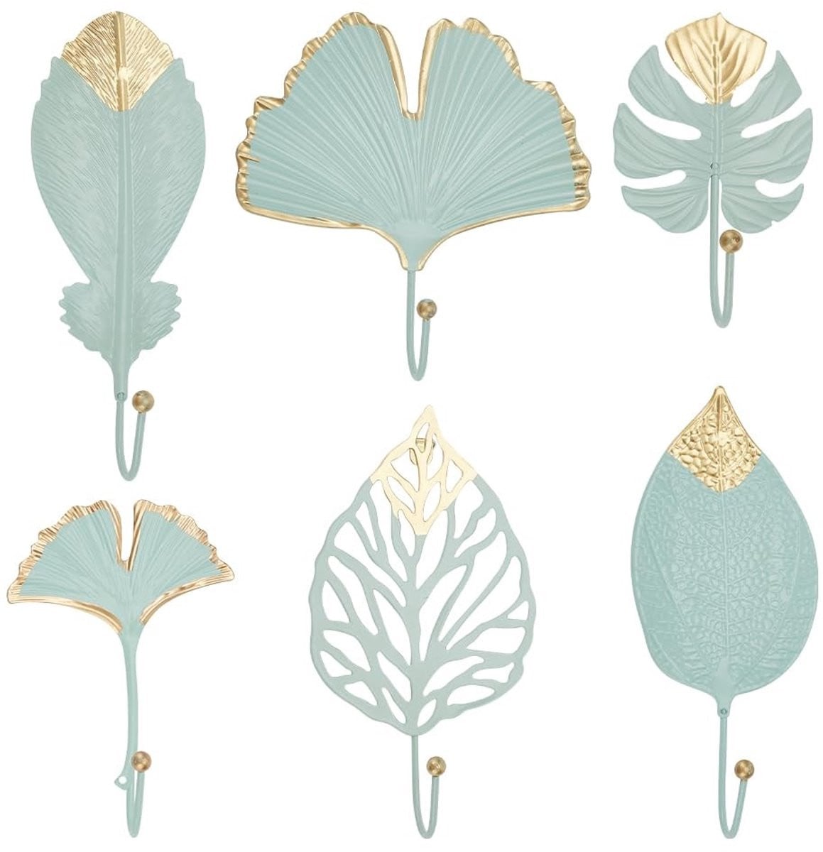 Dailygoods Decoratieve Wandhaken - 6 Stuks - Lichtgroen - IJzeren Botanische Bladhaken